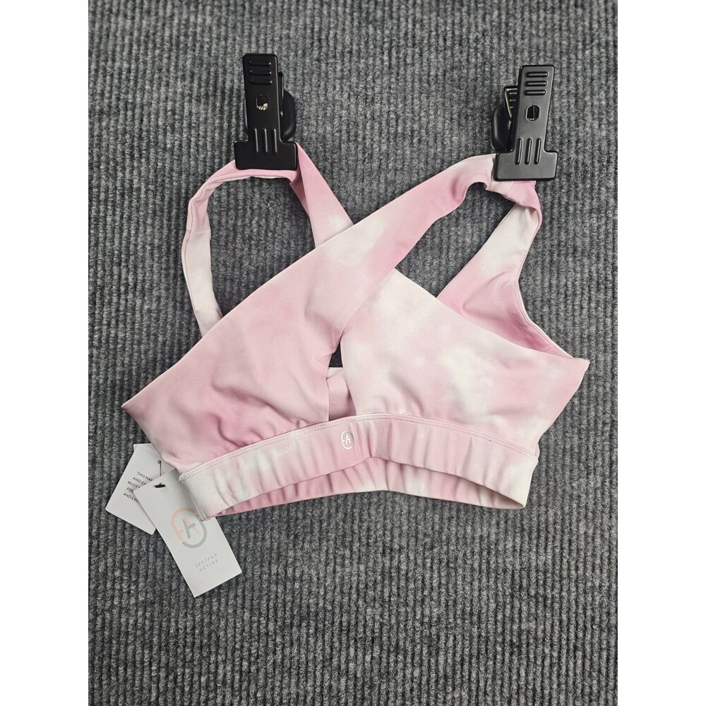 NWT JUSTFAB Small Pink White Tie Dye V Neck Criss Cross Sports Bra active wear